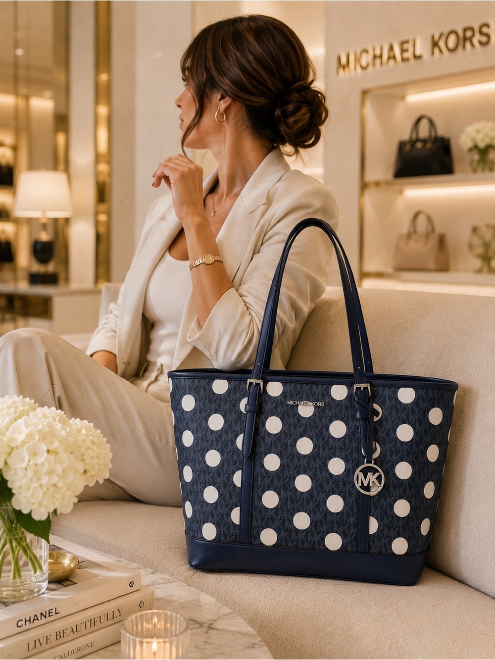 Michael Kors Jet Set Large Polka Dot Signature Logo Tote Bag - Picture 2 of 8